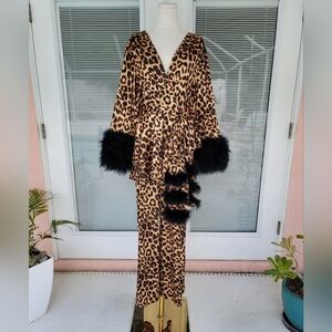 Catherine D'Lish Beverly Lounge Suit in Leopard Print with Marabou Cuffs